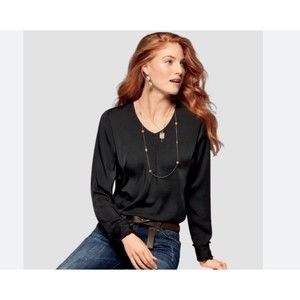 CAbi Blouse Style 3599 | Classic Black Vneck Blouse Ruffle Sleeves | Size Medium